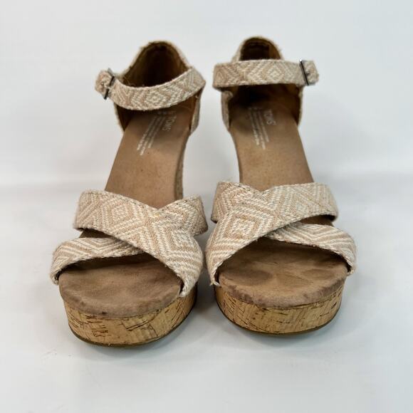 Toms Platform Cork Wedge Sandal Size 9.5 Strappy Canvas Beige Cream Espadrille - Picture 2 of 9